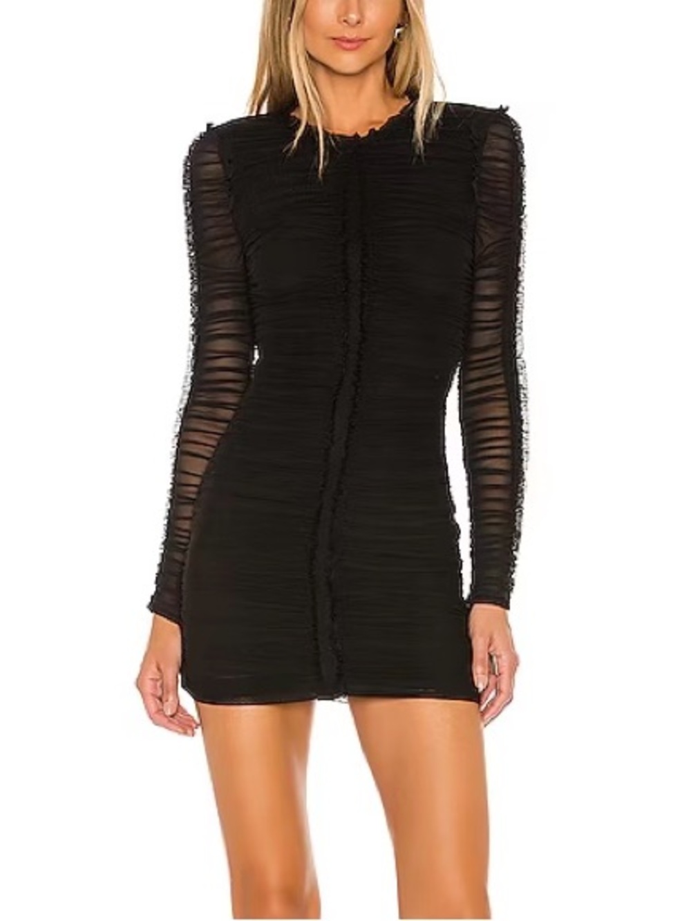 NWT NBD Las Olas Ruched Mesh Long Sleeve Mini Dress Fitted Black Small Revolve